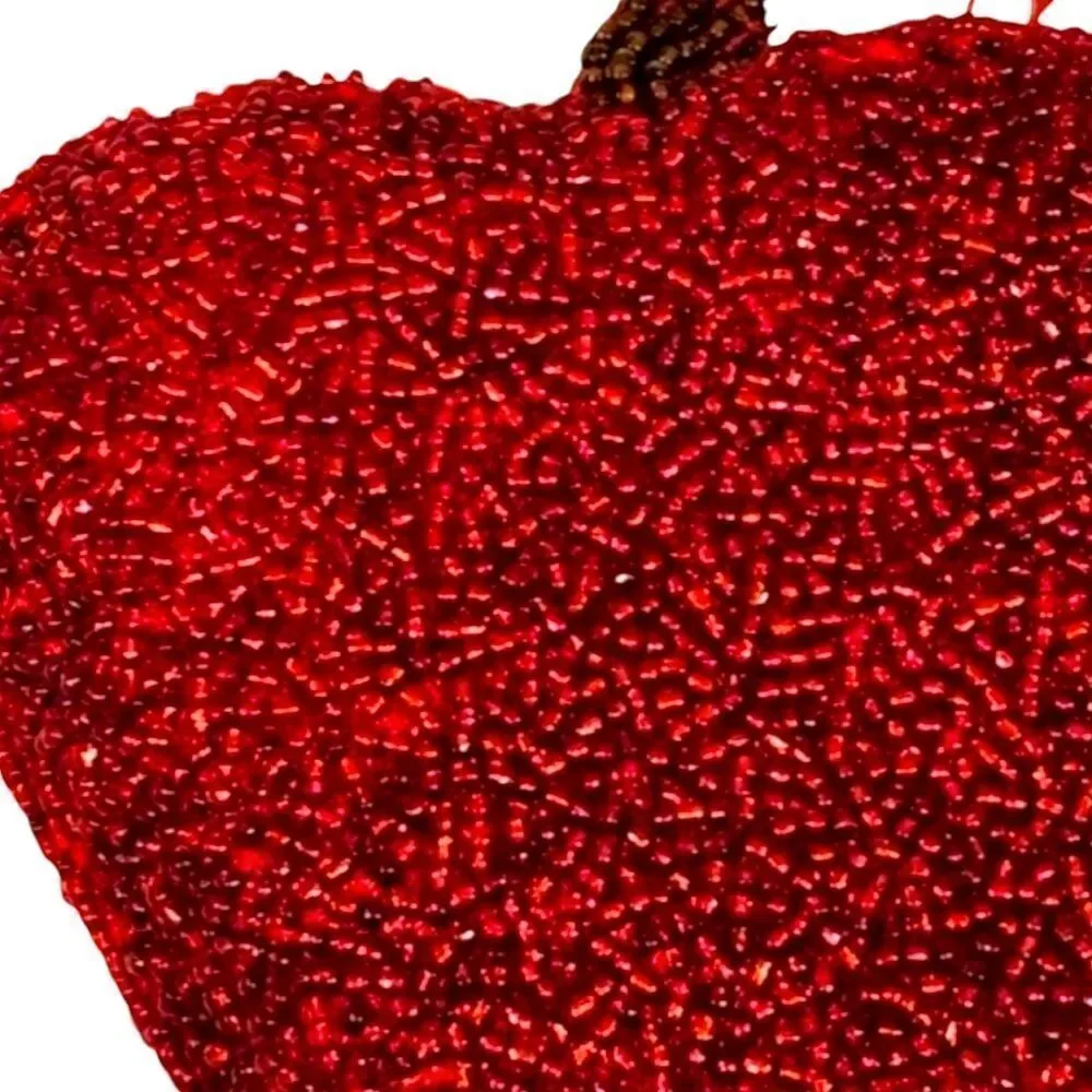 Vintage Apple Coin Purse Red Glass Seed Beads Kitsch Fruit Novelty Zipper Pouch